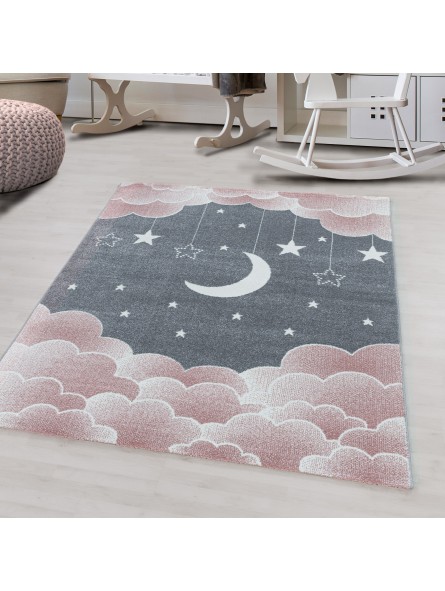 Short pile children's carpet children's room carpet starry sky moon clouds pink