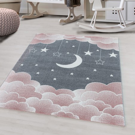 Tapis pour enfants à poils courts tapis pour chambre d'enfant ciel étoilé lune nuages rose