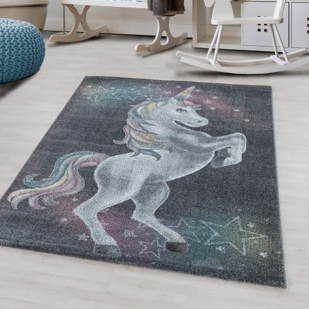 Short pile children's carpet children's room carpet pattern unicorn stars grey