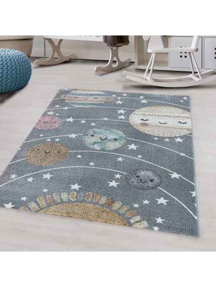 Short-pile children's carpet Planet Universe Sun Moon Nursery carpet grey
