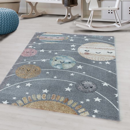 Laagpolig kindertapijt Planet Universe Sun Moon Nursery tapijt grijs