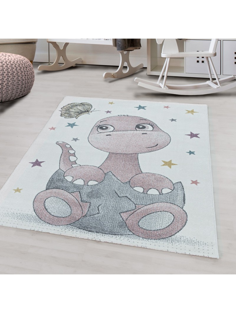 Tapis pour enfants à poils ras design Dino Baby dinosaure tapis de chambre d'enfant rose