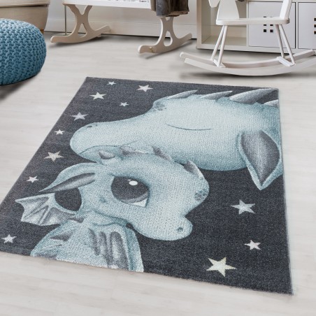 Kurzflor Kinderteppich Design Drachen Baby Saurier Kinderzimmer Teppich Blau